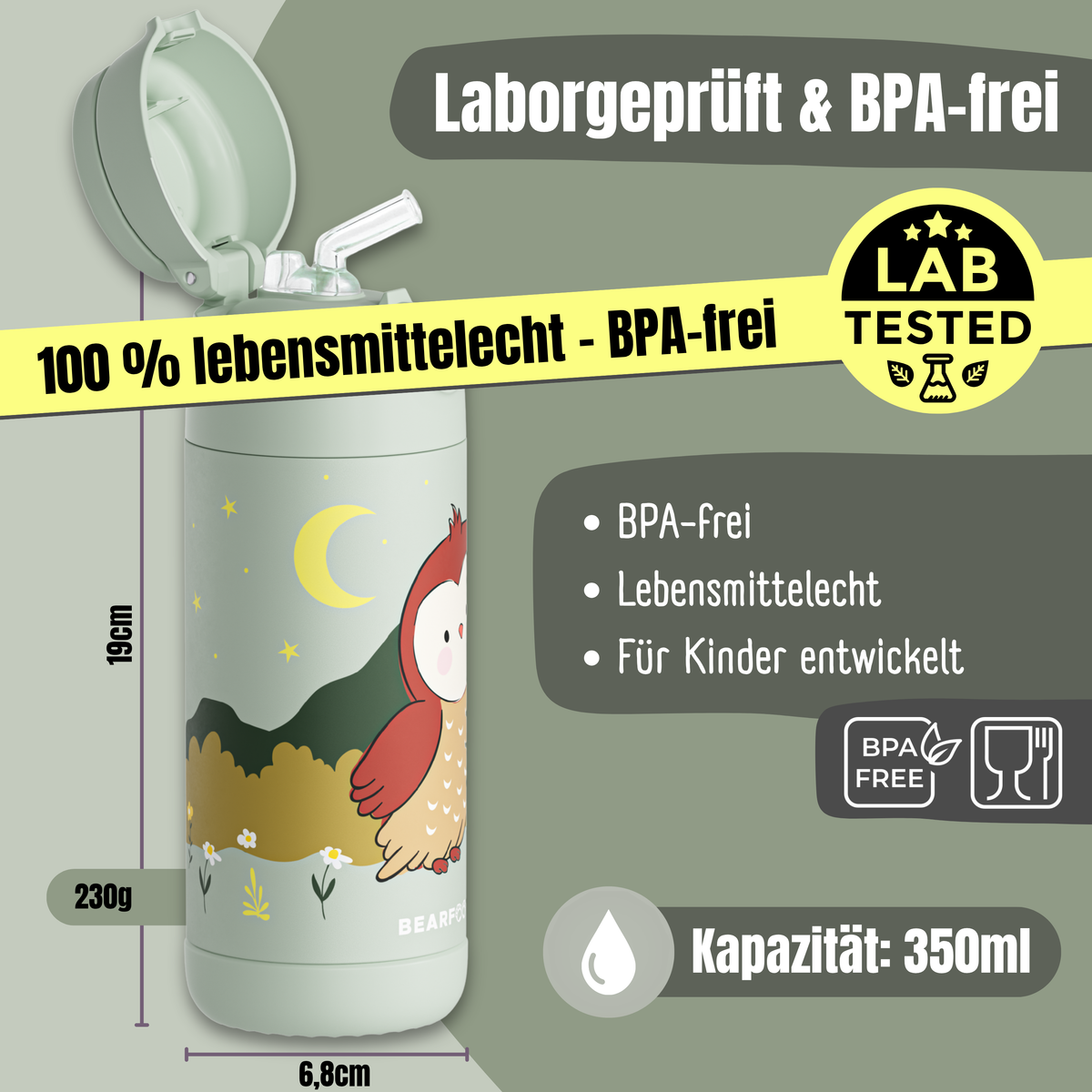 Bearfoot | Drikkeflaske i Rustfritt Stål, Isolert, 350 ml - Plastfri i Matkontakt | Grønn, Ugle