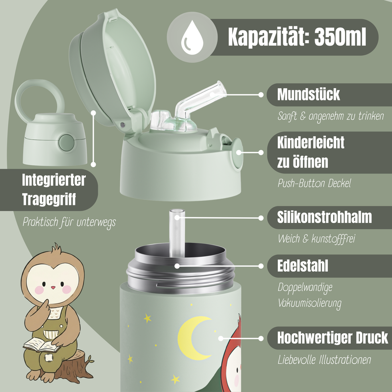 Bearfoot | Drikkeflaske i Rustfritt Stål, Isolert, 350 ml - Plastfri i Matkontakt | Grønn, Ugle