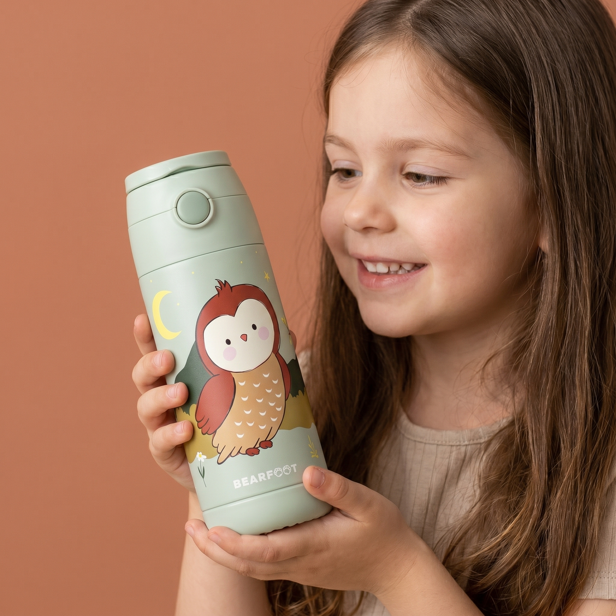 Bearfoot | Drikkeflaske i Rustfritt Stål, Isolert, 350 ml - Plastfri i Matkontakt | Grønn, Ugle