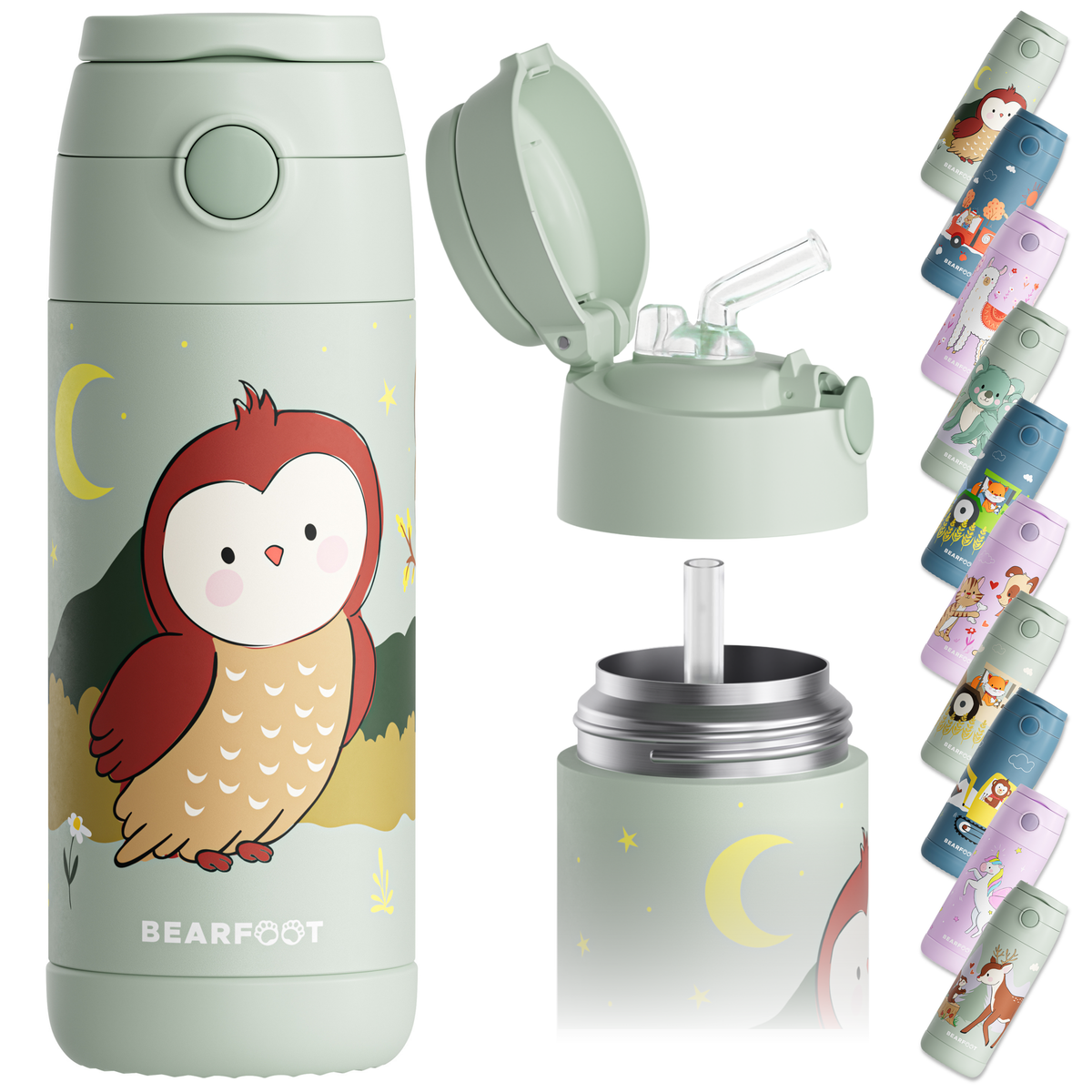 Bearfoot | Drikkeflaske i Rustfritt Stål, Isolert, 350 ml - Plastfri i Matkontakt | Grønn, Ugle