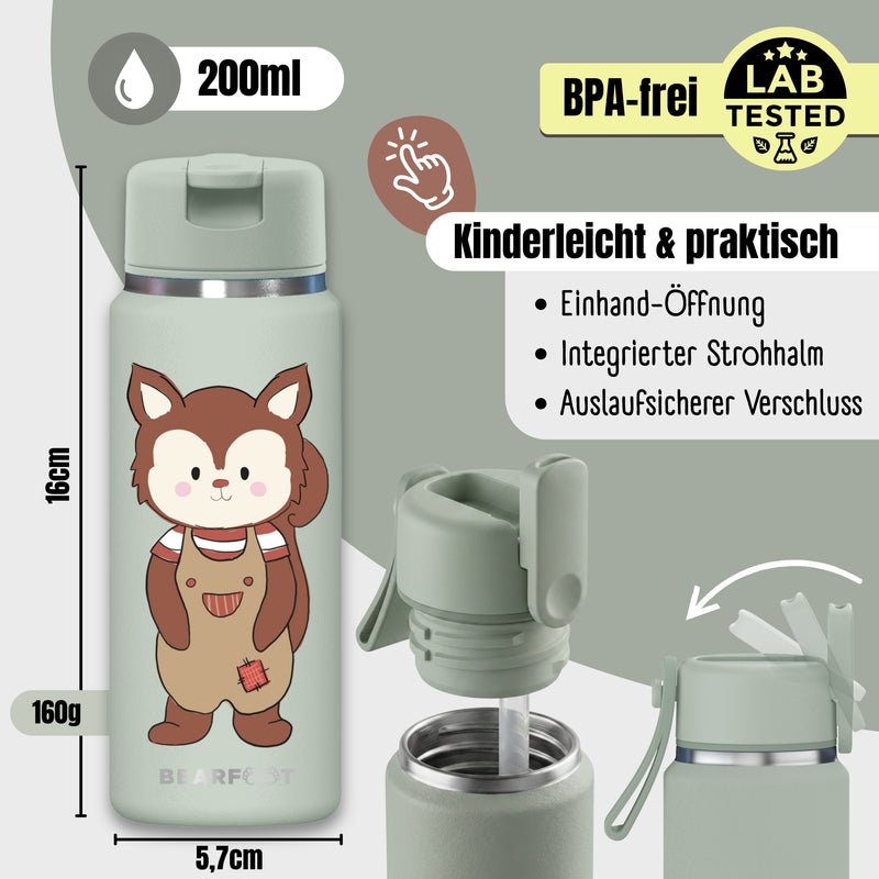 Bearfoot | Drikkeflaske i Rustfritt Stål, Isolert, TINY 200 ml | Grønn, Ekorn