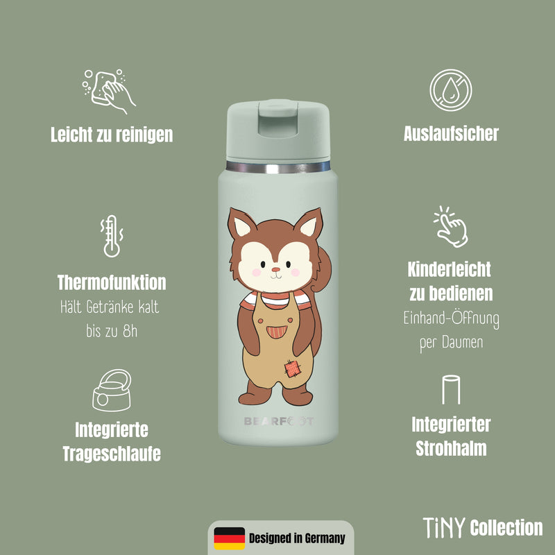 Bearfoot | Drikkeflaske i Rustfritt Stål, Isolert, TINY 200 ml | Grønn, Ekorn
