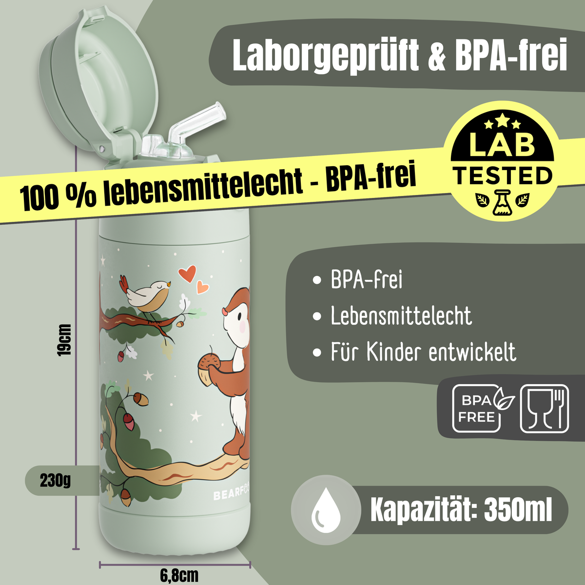 Bearfoot | Drikkeflaske i Rustfritt Stål, Isolert, 350 ml - Plastfri i Matkontakt | Grønn, Ekorn