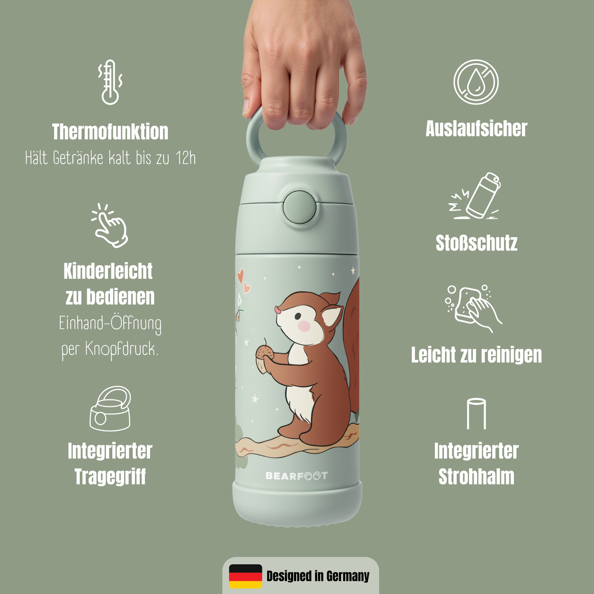 Bearfoot | Drikkeflaske i Rustfritt Stål, Isolert, 350 ml - Plastfri i Matkontakt | Grønn, Ekorn