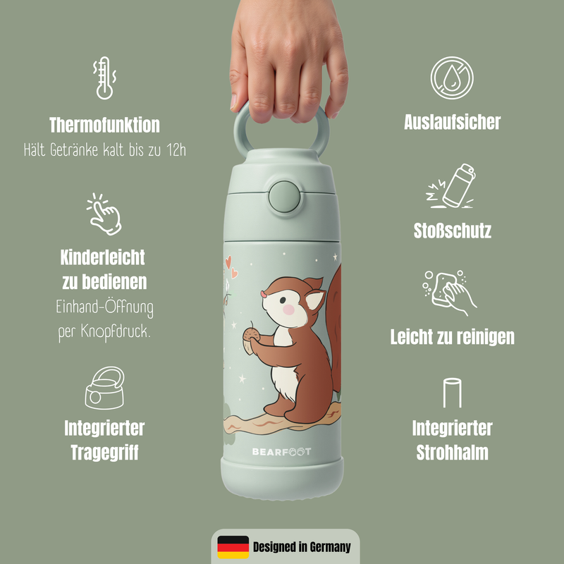 Bearfoot | Drikkeflaske i Rustfritt Stål, Isolert, 350 ml - Plastfri i Matkontakt | Grønn, Ekorn