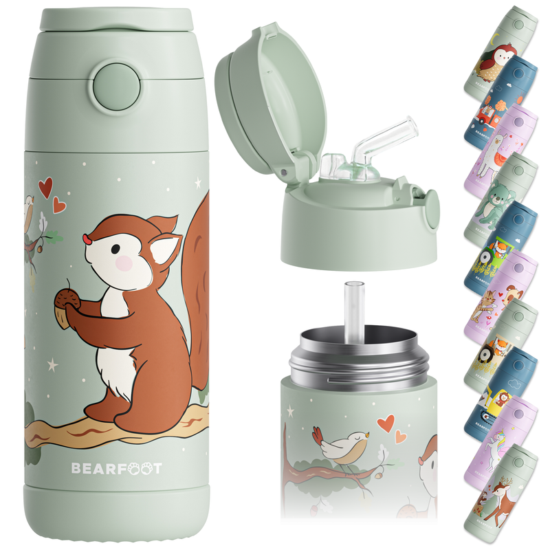 Bearfoot | Drikkeflaske i Rustfritt Stål, Isolert, 350 ml - Plastfri i Matkontakt | Grønn, Ekorn