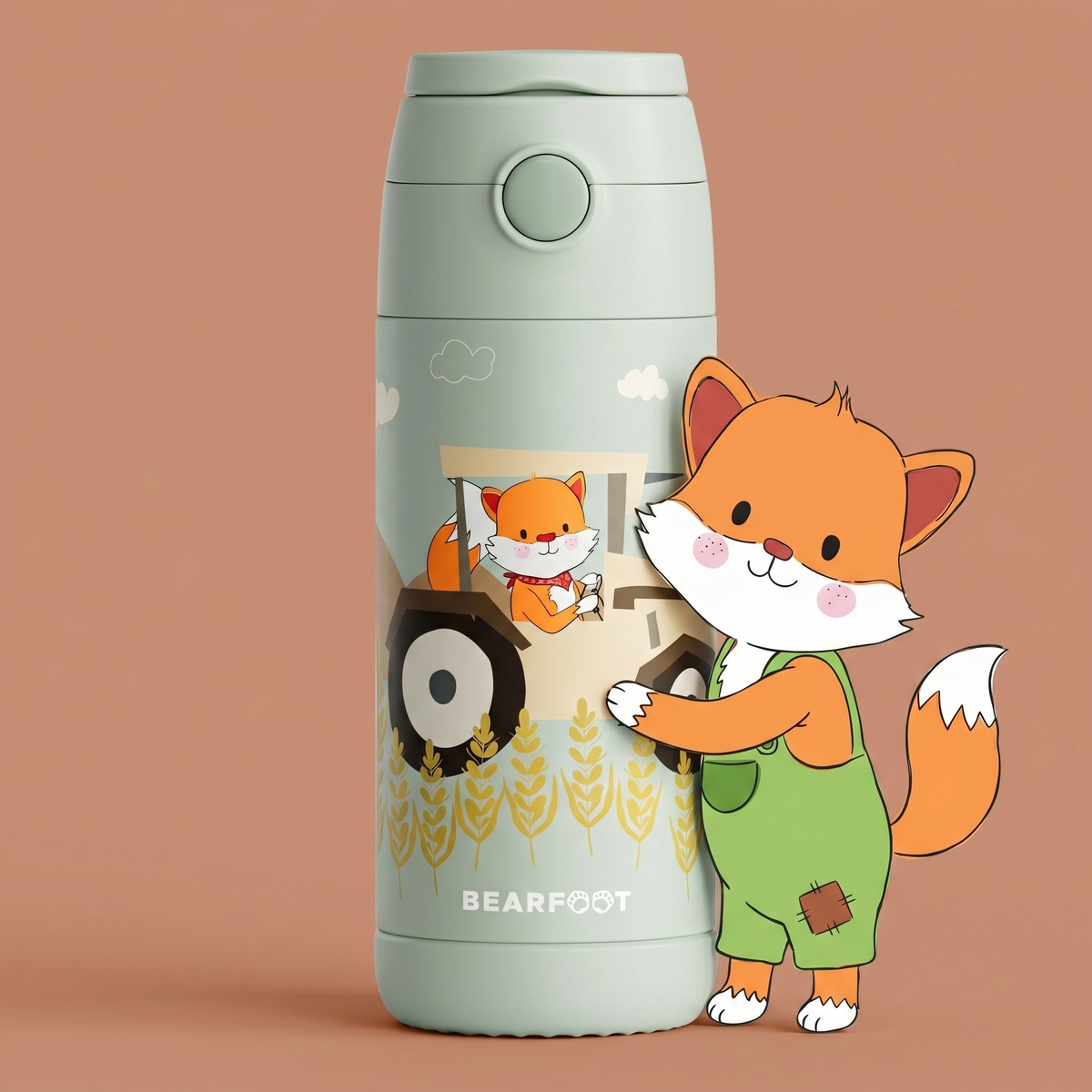 Bearfoot | Drikkeflaske i Rustfritt Stål, Isolert, 350 ml - Plastfri i Matkontakt | Grønn, Rev i Traktor