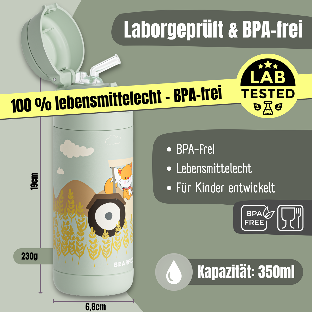 Bearfoot | Drikkeflaske i Rustfritt Stål, Isolert, 350 ml - Plastfri i Matkontakt | Grønn, Rev i Traktor