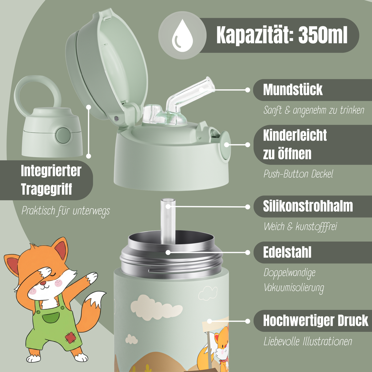 Bearfoot | Drikkeflaske i Rustfritt Stål, Isolert, 350 ml - Plastfri i Matkontakt | Grønn, Rev i Traktor