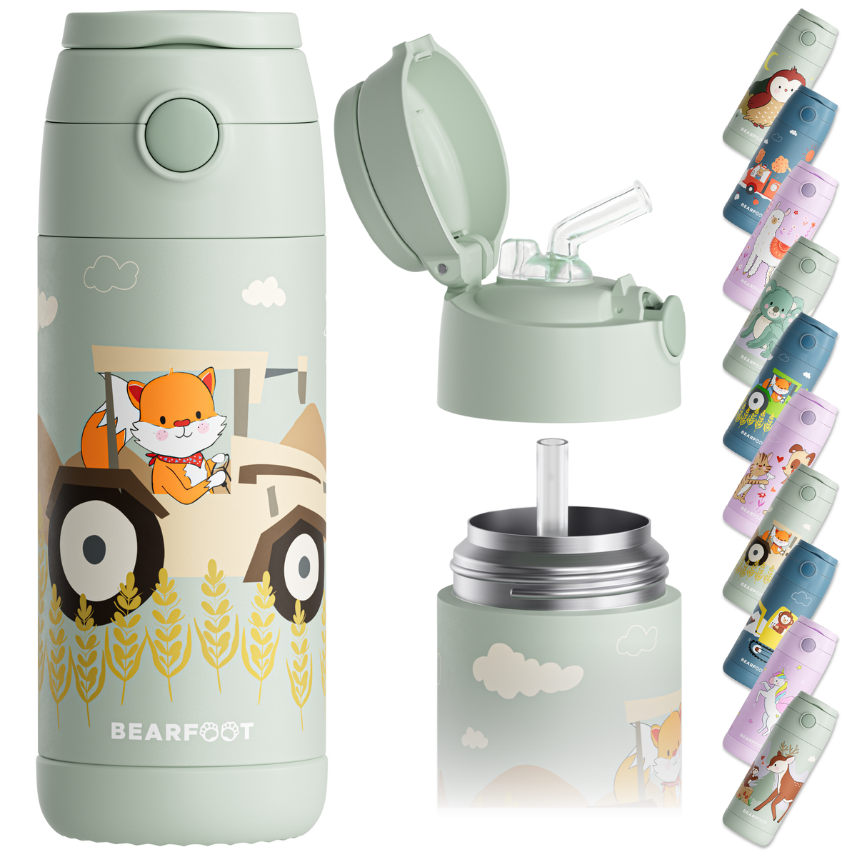Bearfoot | Drikkeflaske i Rustfritt Stål, Isolert, 350 ml - Plastfri i Matkontakt | Grønn, Rev i Traktor