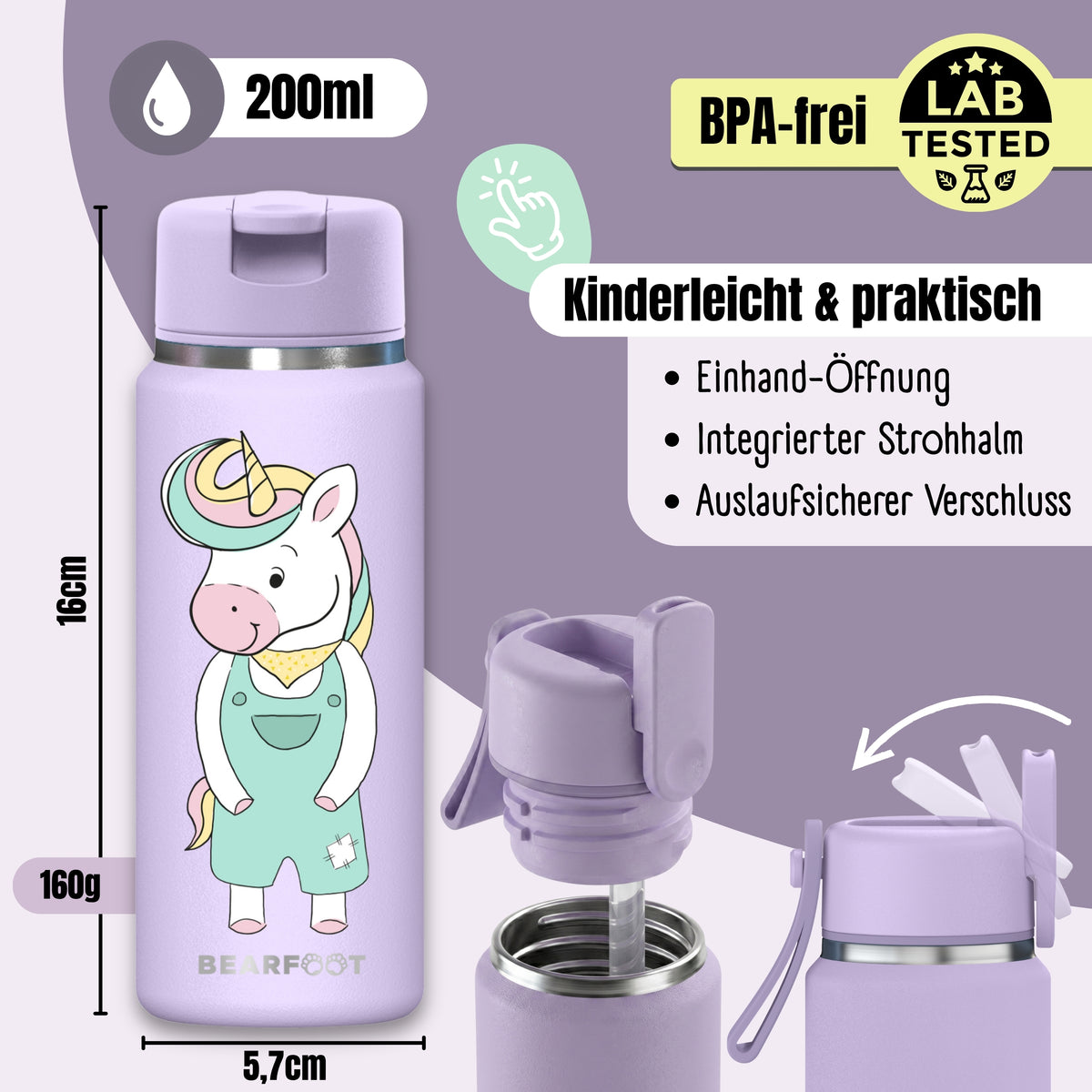 Bearfoot | Drikkeflaske i Rustfritt Stål, Isolert, TINY 200 ml | Lilla, Enhjørning