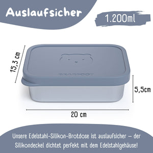 bearfoot | Matboks i rustfritt stål, med lokk og inndeling i silikon (bentoboks) | Blågrå, 1200ml