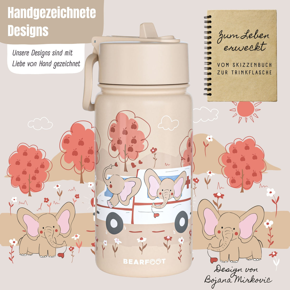 BEARFOOT | Drikkeflaske i Rustfritt Stål, Lokk og Drikketut i PP, 400ml | Ambulanse