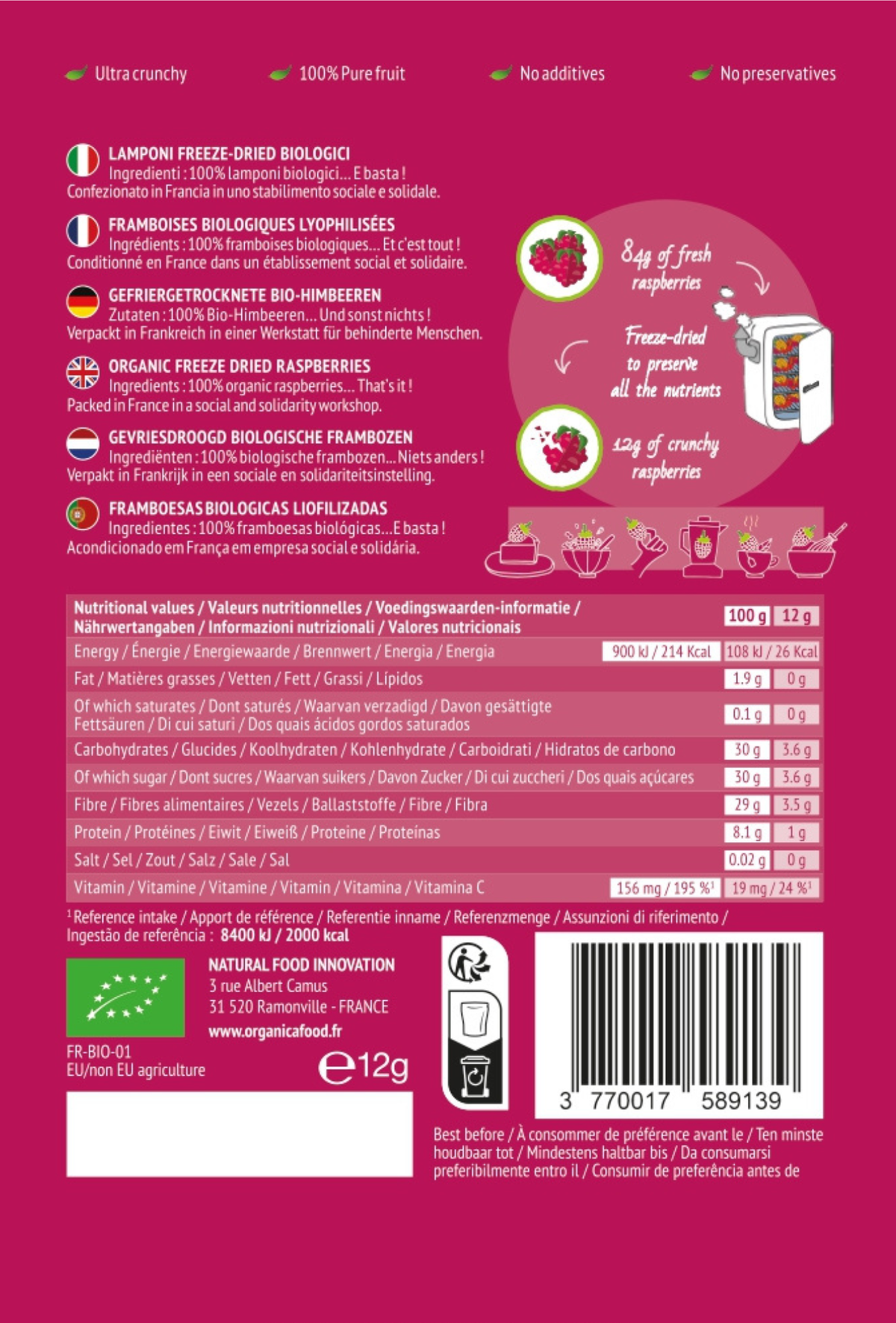 Organica | Økologiske Bringebær, Frysetørret, 100% Ren Frukt | 12g ~ 85g