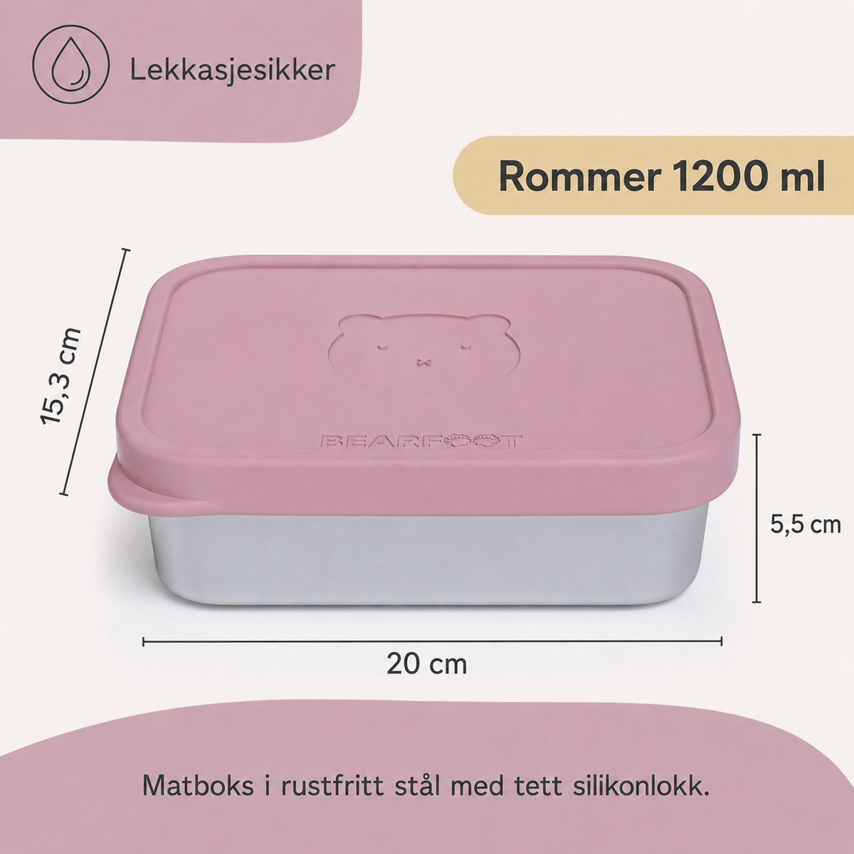 bearfoot | Matboks i Rustfritt Stål og Silikon (Bentoboks) | Rosa, 1200ml