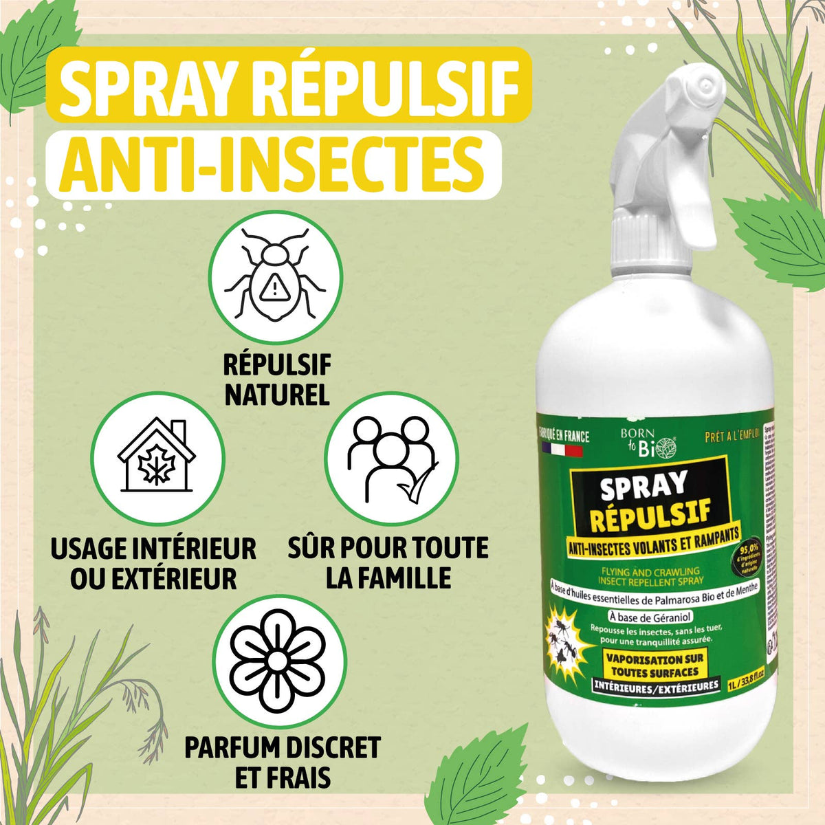 Born to Bio | Insektspray, Naturlig, mot Krypende og Flyvende Insekter | 1 liter
