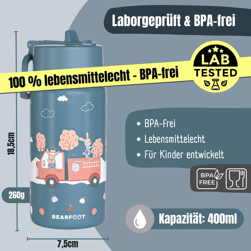 BEARFOOT | Drikkeflaske i Rustfritt Stål, Lokk og Drikketut i PP, 400ml | Brannbil