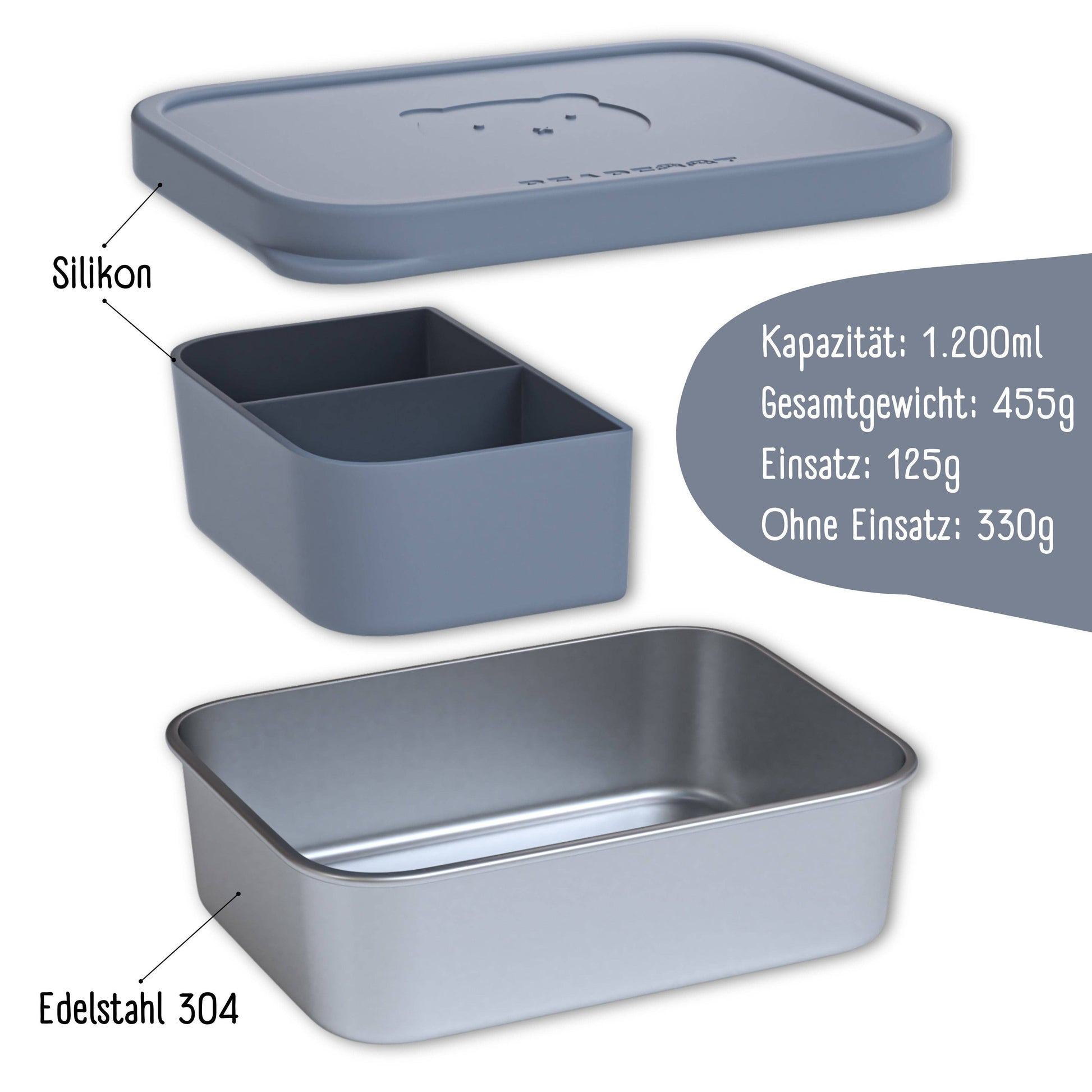 bearfoot | Matboks i rustfritt stål, med lokk og inndeling i silikon (bentoboks) | Blågrå, 1200ml