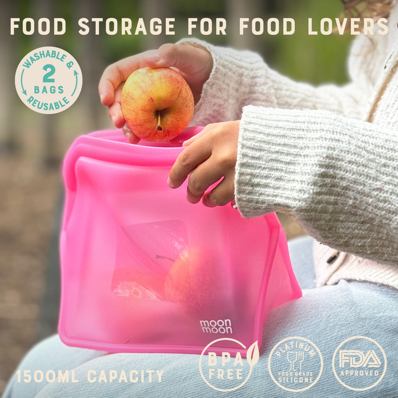 moonmoon | Silikonposer til Oppbevaring, Matlaging m.m. - Plastfri | 2 stk á 1500ml (Rosa)