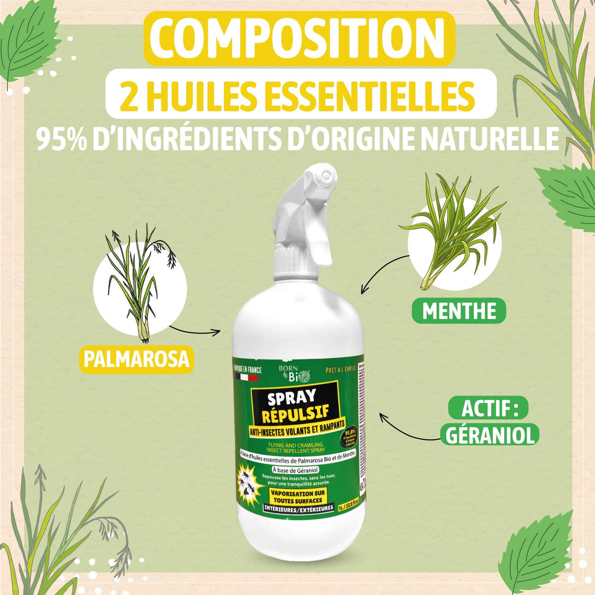 Born to Bio | Insektspray, Naturlig, mot Krypende og Flyvende Insekter | 1 liter