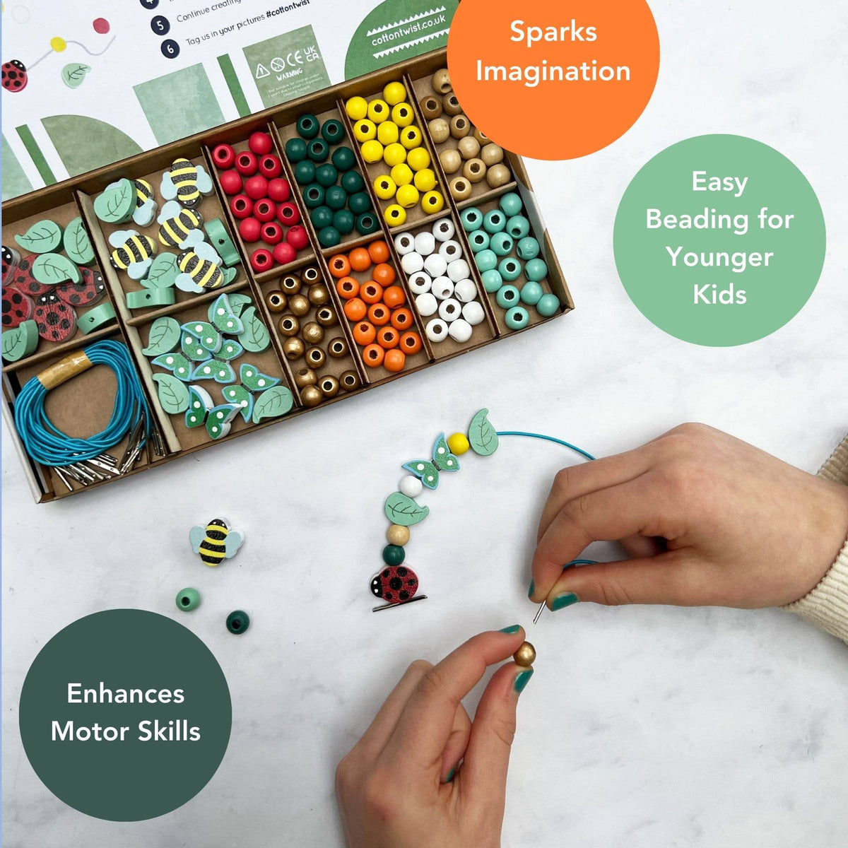 Cotton Twist | Perlesett med Treperler, Marihøne | 10 Armbånd