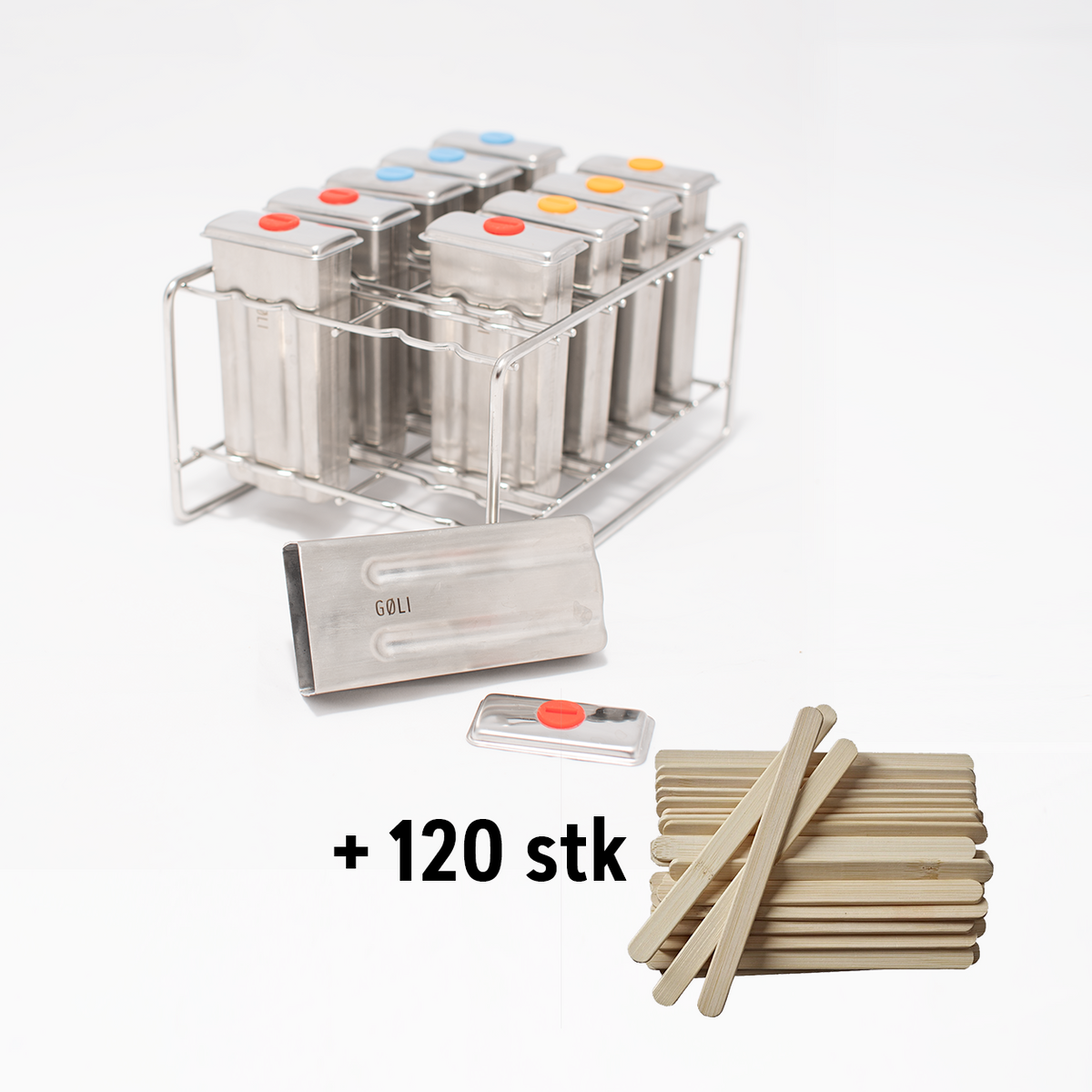 GØLI | Ispinneformer i 100% Rustfritt Stål, 10stk Flat inkl. 120 stk Ispinner