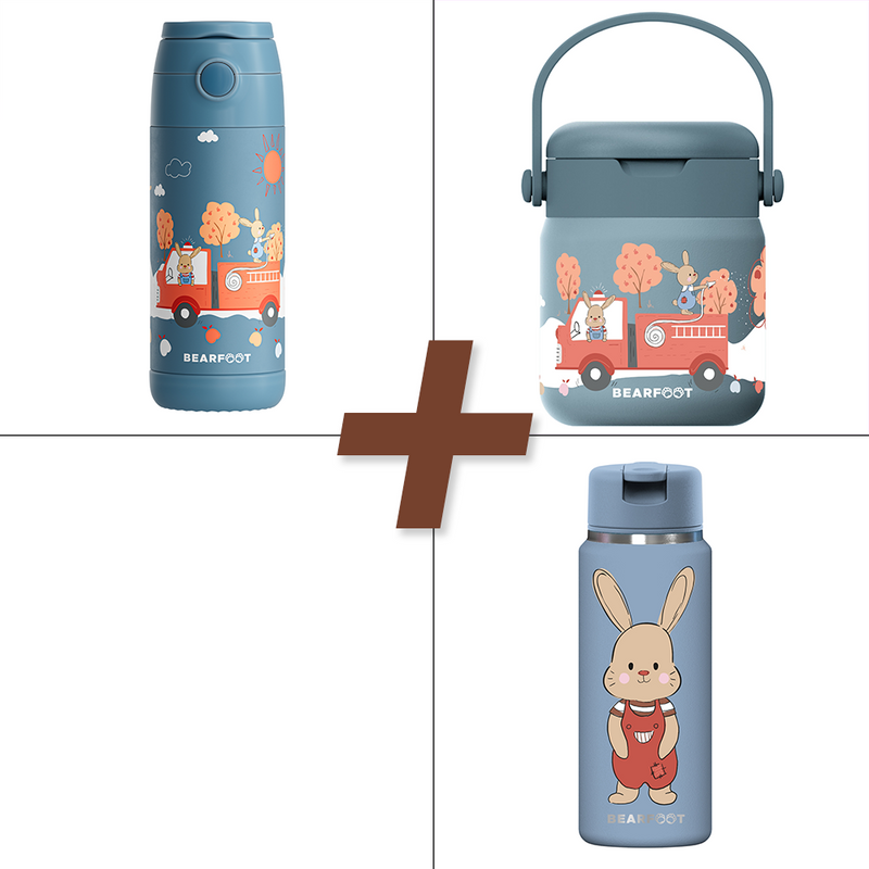 Bearfoot | PAKKE - Drikkeflaske 350 ml + Mattermos + Drikkeflaske 200 ml - Blå, Kaniner i Brannbil
