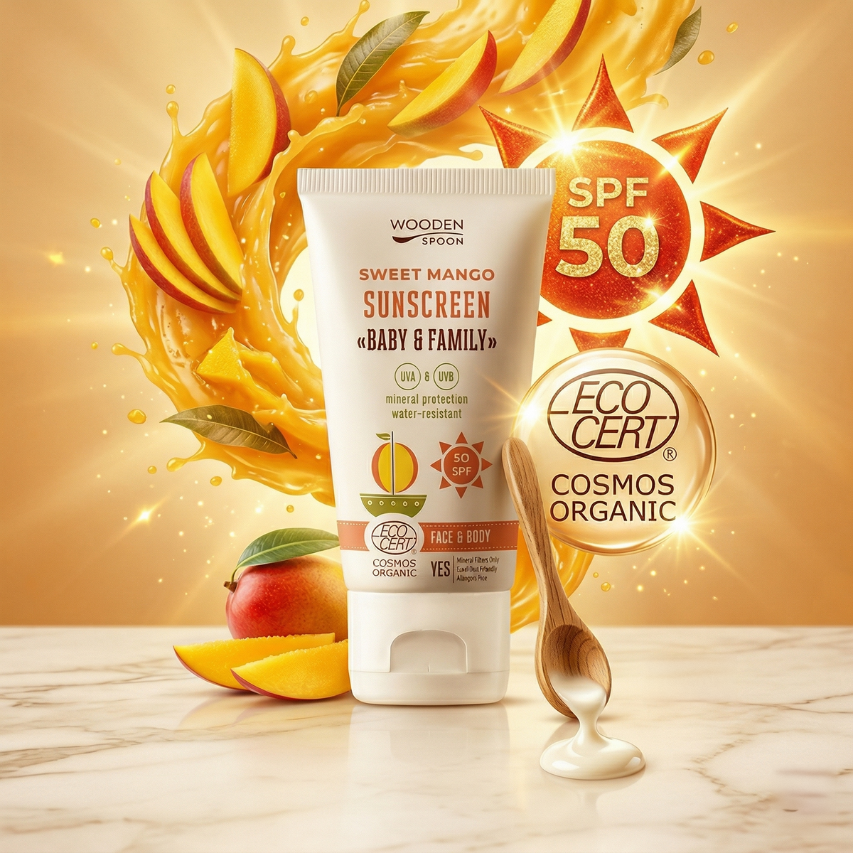 Wooden Spoon | Solkrem SPF 50, "Sweet Mango" - Naturlig Duft av Ekte Mango | 150ml